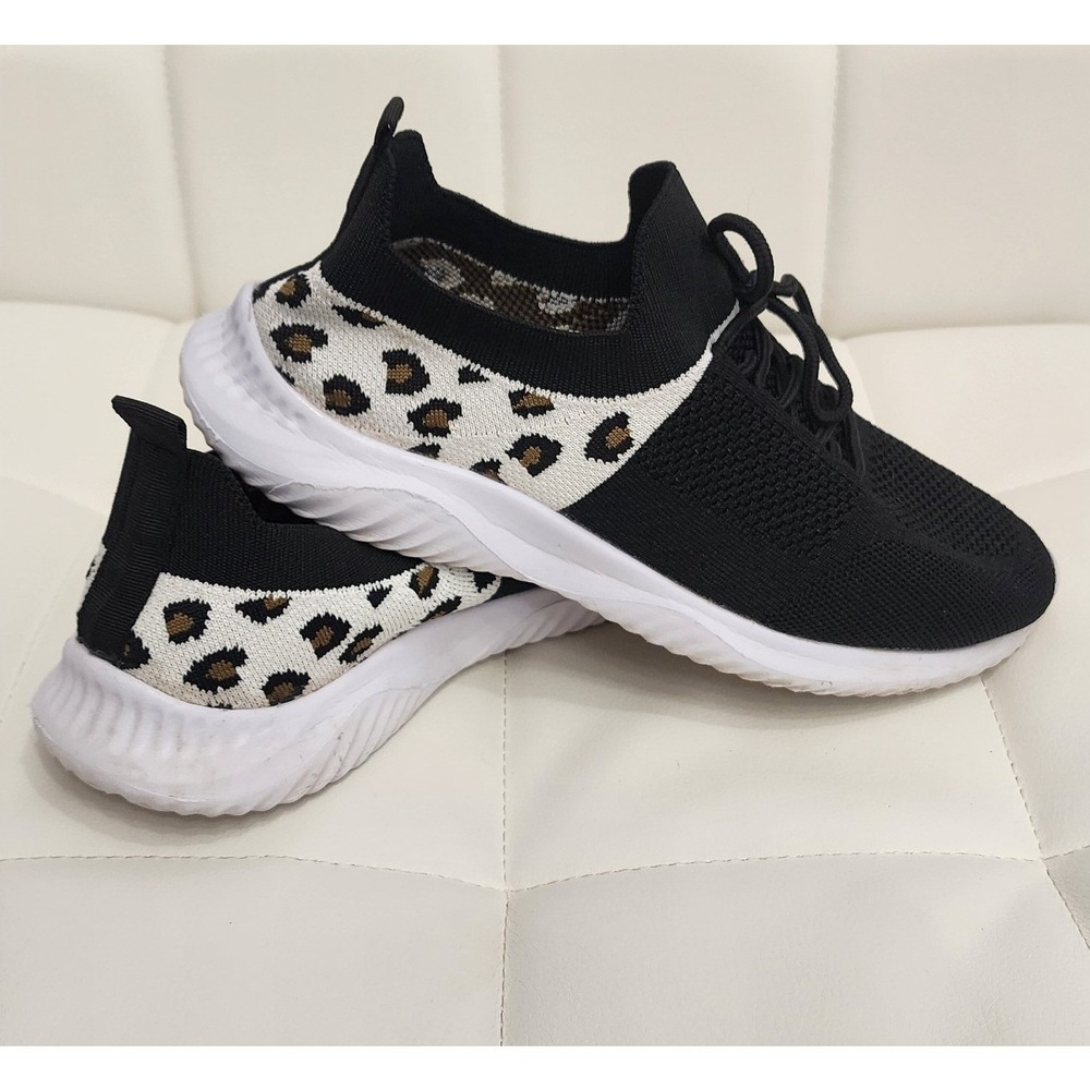 Womens Black Knit Leopard Print Slip On Sneakers Athletic Walking Shoes